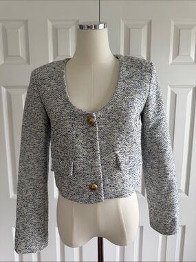 Zara White and Navy Tweed Crop Jacket with Gold Buttons Size XS